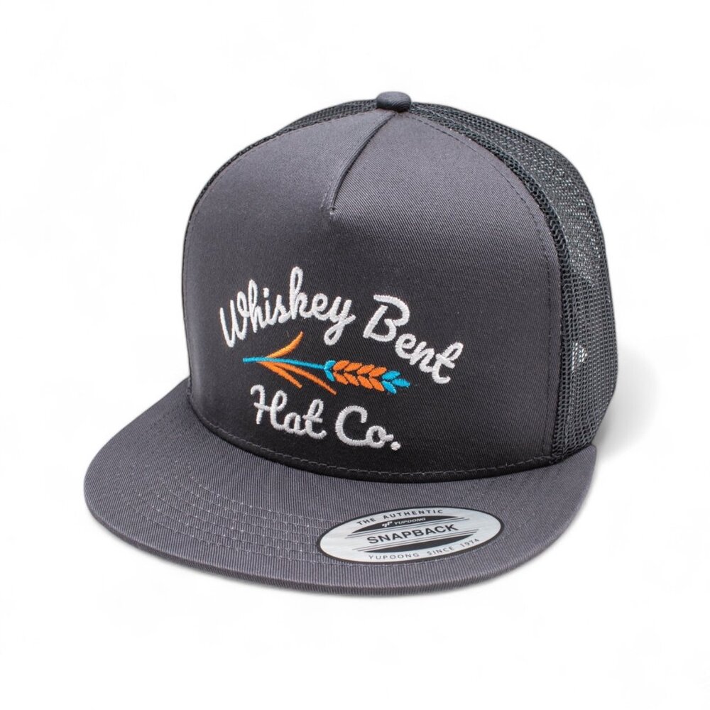 Whiskey Bent Embroidered Flat Brim Charcoal Grey & Black Mesh Snapback